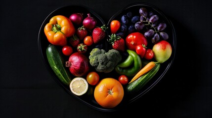 A colorful heart-shaped bowl filled with fresh fruits and vegetables on a black background, symbolizing a healthy heart and immune system. Perfect for a health and wellness theme.