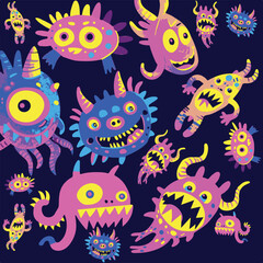 Monstruos chistosos de colores  neones con ojos saltones y formas orgánicas