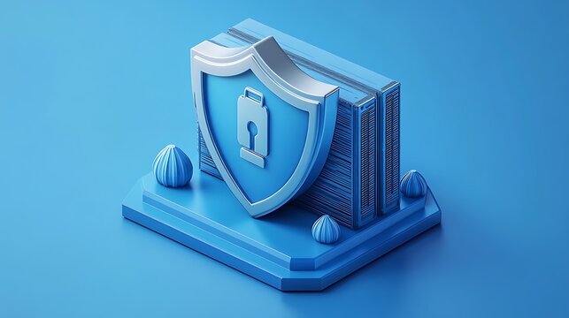 3D illustration of a padlock shield securing server on blue background, representing data security and protection.
