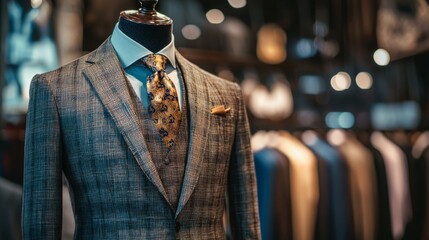 Close up of custom made high quality tailored suit by designer on tailor mannequin in luxury tailoring atelier. Concept of fashion, handmade, hand craft, couturier and business.