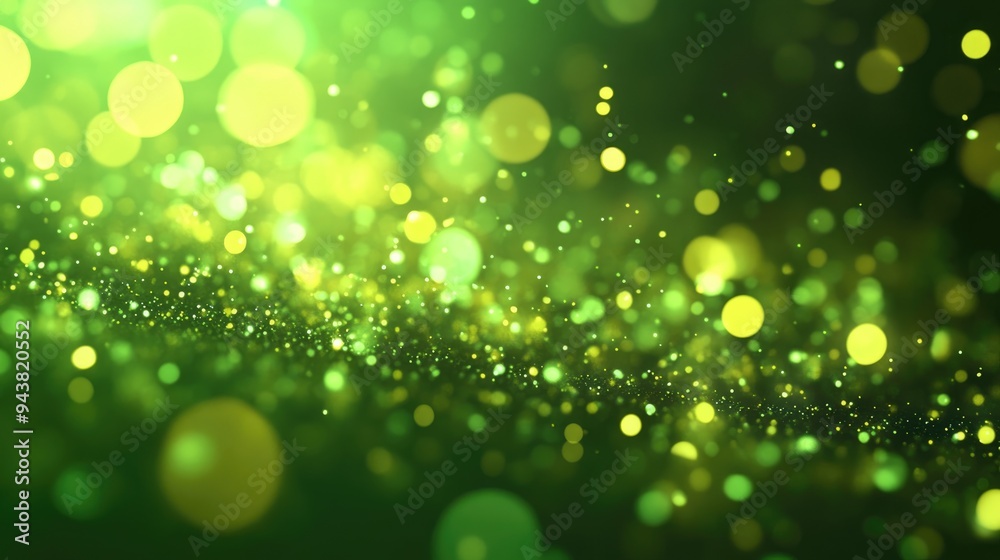 Poster Abstract bright green glowing background with flying dots circles bokeh energy particles and light rays in a 3D cartoon rendering