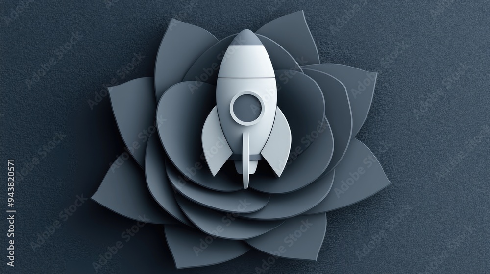Poster Grey rosette with a rocket icon inside showcased in a 3D cartoon rendering and linear illustration
