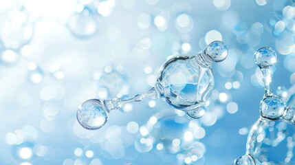 Water molecules and closeup of water on a light blue white gradient background, light gray tone, transparent glass material.