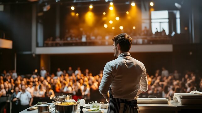 Captivating Live Cooking Show with Chef Engaging Audience under Warm Yellow Lights on Stage