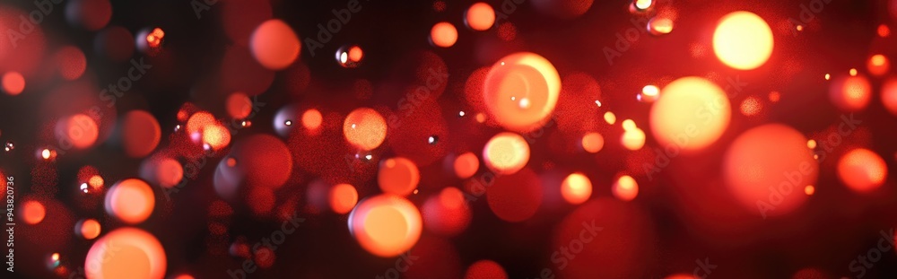 Poster Red blurred glowing circles in a 3D cartoon rendering An abstract illustration featuring shiny lights and blurred neon round objects creating a background with gleaming flares