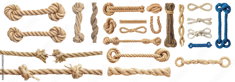 Poster ropes with different knots isolated on white. a detailed collection showcasing different types of ro