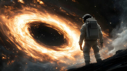 An astronaut stands on a rocky surface, gazing at a fiery swirling black hole in the distance.
