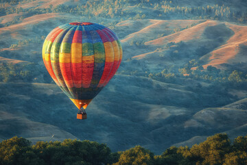 Fototapeta premium Experience the Magic of a Colorful Hot Air Balloon Floating Gracefully Over the Serene Hills at Sunrise's Glow