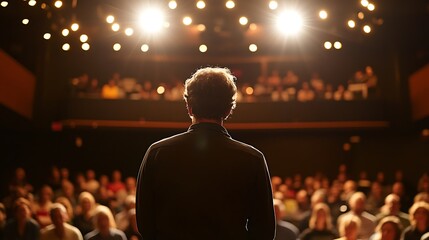 Captivating Literary Reading Event with Author Facing Vibrant Audience under Warm Spotlights on Cream Background