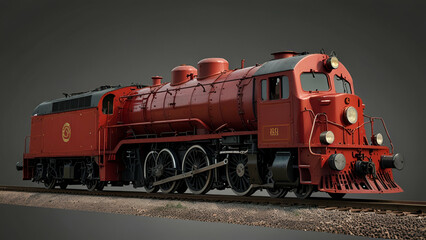 Fototapeta premium Vintage red locomotive on railway, symbolizing classic travel and industry, Red old vintage retro classic historic locomotive train on railway road
