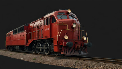 Fototapeta premium Vintage red locomotive on railway, symbolizing classic travel and industry, Red old vintage retro classic historic locomotive train on railway road