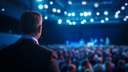 Illuminating Science Conference: Scientist Surveying Audience on Stage Amidst White and Blue Lighting with Dark Background