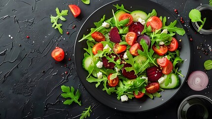 A colorful mix of roasted beets, goat cheese, and arugula, arranged on a dark plate, set against a dark, textured surface, showcasing the vivid colors and crisp textures, with soft,