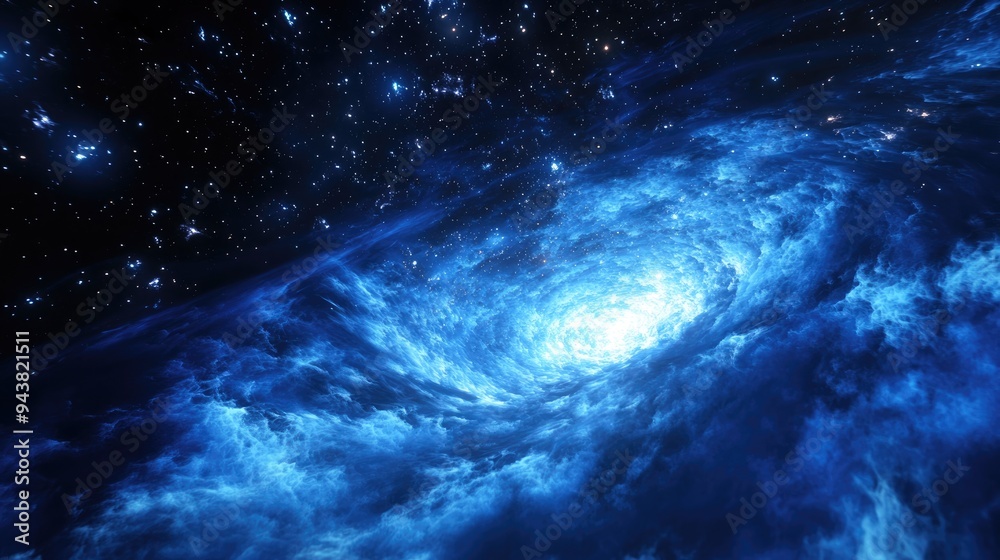 Poster powerful stars shine in a deep space scene with a blue cold nebula dark night sky and dark interstel