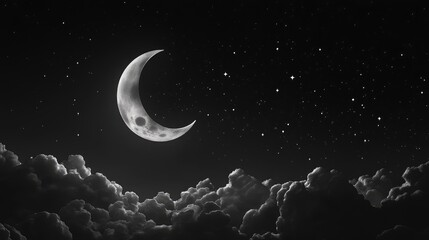 Fototapeta premium Black and white illustration of a night sky featuring a crescent moon in 3D cartoon rendering