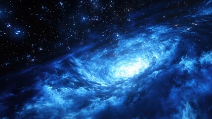 Fototapeta premium Powerful stars shine in a deep space scene with a blue cold nebula dark night sky and dark interstellar space in this 3D cartoon rendering The illustration features a black hole and the galactic c