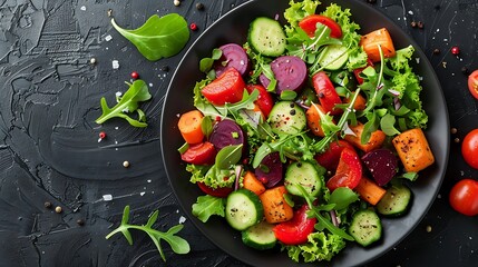 A colorful mix of roasted root vegetables like carrots, beets, and sweet potatoes, served cold, arranged on a dark plate, set against a dark, textured surface,
