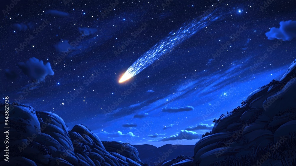 Poster 3d cartoon rendering showcasing a comet in the night sky