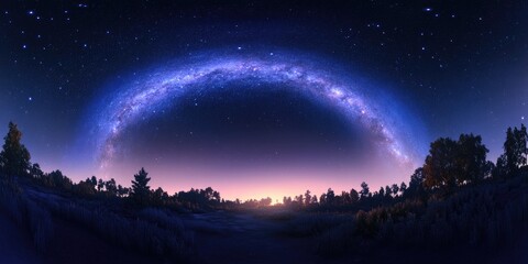 Stitched panorama depicting a Milky Way arching in a clear night sky created with a 3D cartoon rendering The image features soft focus and noise from long exposure and high ISO settings
