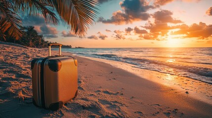 A suitcase is sitting on the beach at sunset, peaceful and relaxing