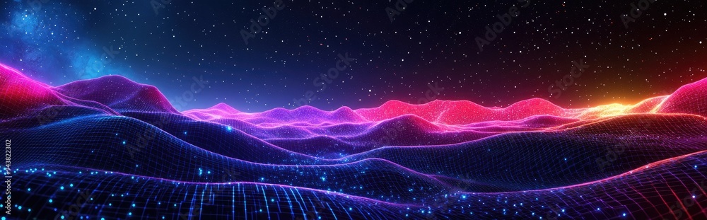Leinwandbilder Abstract landscape in a dark background featuring a star horizon cyberspace grid and a high tech network in an outer space setting 3D cartoon rendering Starry outer space texture 3D illustration