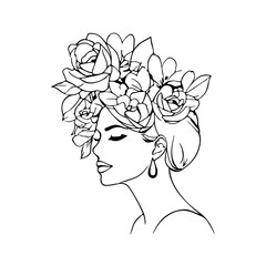 Woman Head with Flowers Line Art Vector Drawing. Style Template with Female Face with Flowers. Modern Minimalist Simple Linear Style. Beauty Fashion Design	