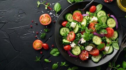 A dark plate filled with a Mediterranean mix of cucumbers, olives, feta cheese, and tomatoes, drizzled with olive oil and sprinkled with oregano, photographed from above on a dark wooden table,