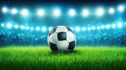 Fototapeta premium Soccer ball on stadium field under bright lights