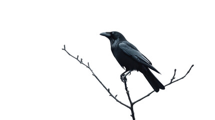 Majestic Raven Silhouette Perched on Branch against White Background