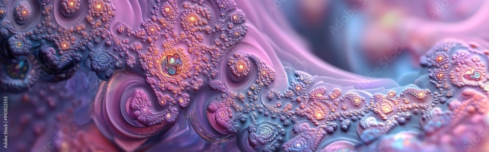Poster Abstract fractal patterns and shapes in a 3D cartoon rendering Dynamic flowing natural forms featuring flowers and spirals create a mysterious psychedelic relaxation pattern