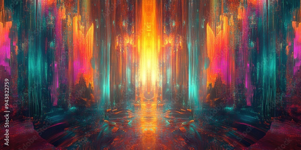 Aufkleber Abstract Background Image with 3D Cartoon Rendering featuring Graphic Illustration Artistic Resources Symmetrical Patterns and Glowing Neon Colors Colorful Repeating Patterns in Modern Fractal Digi