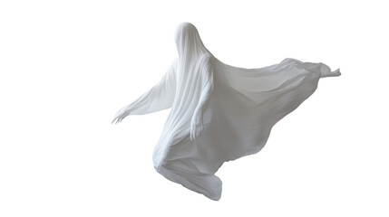 Ethereal Ghostly Figure Floating in Mid-Air on White Background