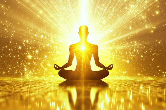 A serene figure radiates golden light, embodying tranquility and spiritual awakening amidst a vibrant, ethereal atmosphere.