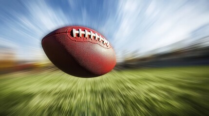 Flying football in motion on grassy field