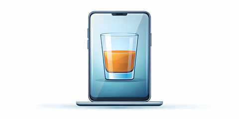 Flat Smartphone with holographic whiskey glass floating above isolated on white with copy space concept as A smartphone lies on a white surface with a holographic whiskey glass icon floating above it.