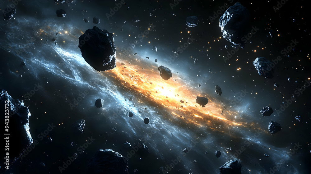 Wall mural asteroids fly through a swirling galaxy with an orange and blue nebula.