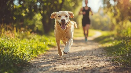 A dog is running on a dirt path with a woman running behind it, happy excited and enjoying the run. Concept of freedom and joy