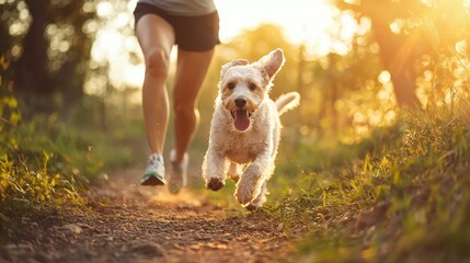A woman is running with her dog in a park, happy excited and enjoying the run. Concept of freedom and joy