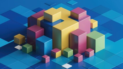 Obraz premium Colorful abstract cubes in varying sizes on a blue background. 3D render of geometric shapes.