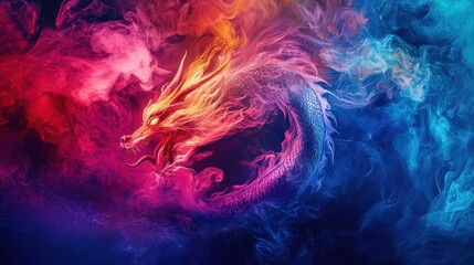 A dragon with a fiery tail is flying through a colorful sky, The vibrant colors of the sky