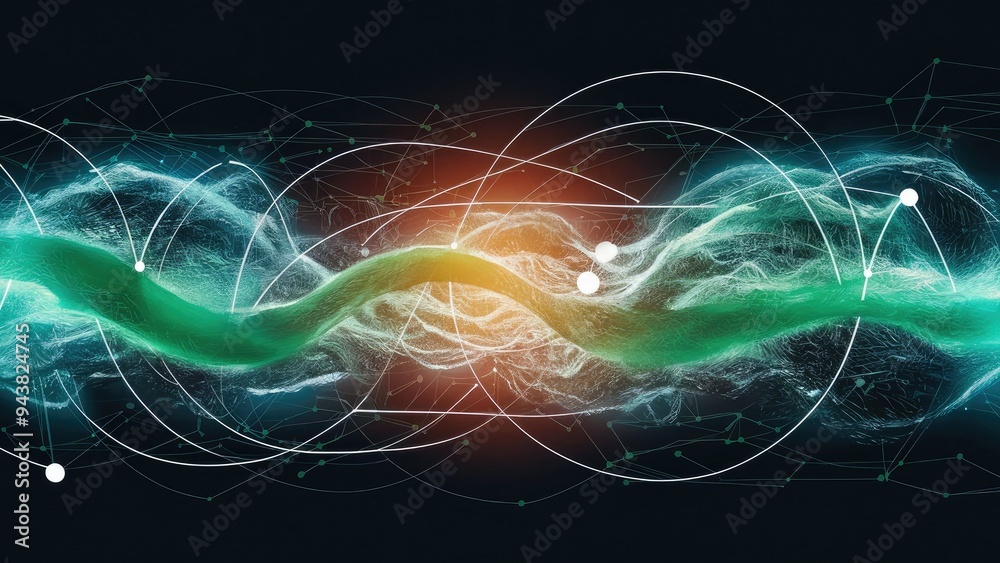 Poster conceptual illustration of interconnected networks with a green wave on a dark background. digital i
