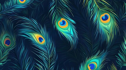 Majestic Peacock Feathers Seamless Pattern in Vibrant Blue and Green Hues - Vector Animal Print Texture for Design Projects