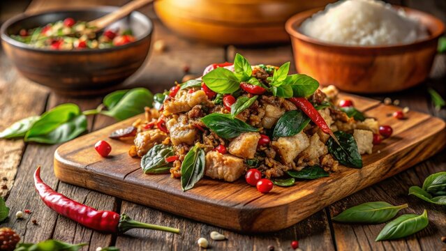 Moody Pad Krapow Moo Grob still life with crispy pork and fragrant basil leaves on a wooden cutting board with warm golden lighting and shallow DOF.