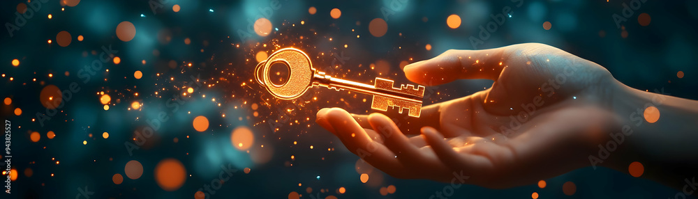 Poster person with magic key and floating locks concept as a person holding a magic key with floating locks