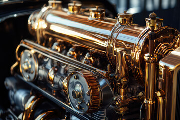 Fototapeta premium Discover the Art of an Impeccably Restored Vintage Car Engine with Stunning Details and Gleaming Metal Surfaces Reflecting Light.