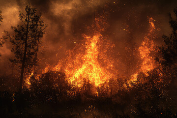 Fototapeta premium A ferocious wildfire engulfs a forest, illuminating the darkened sky with its fierce and terrifying flames, signifying nature's power.