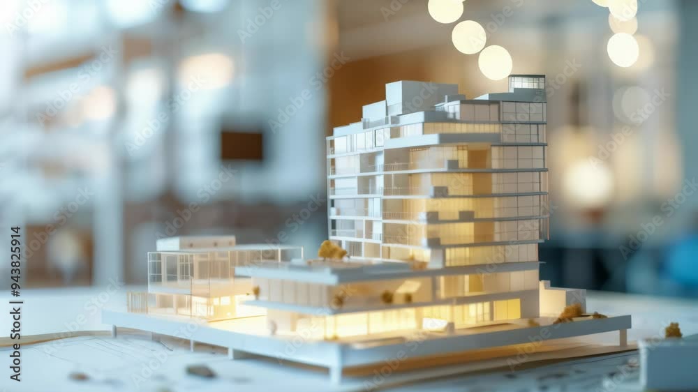 Poster architectural scale model of a modern building on top of blueprints, illuminated in a bright, well-l