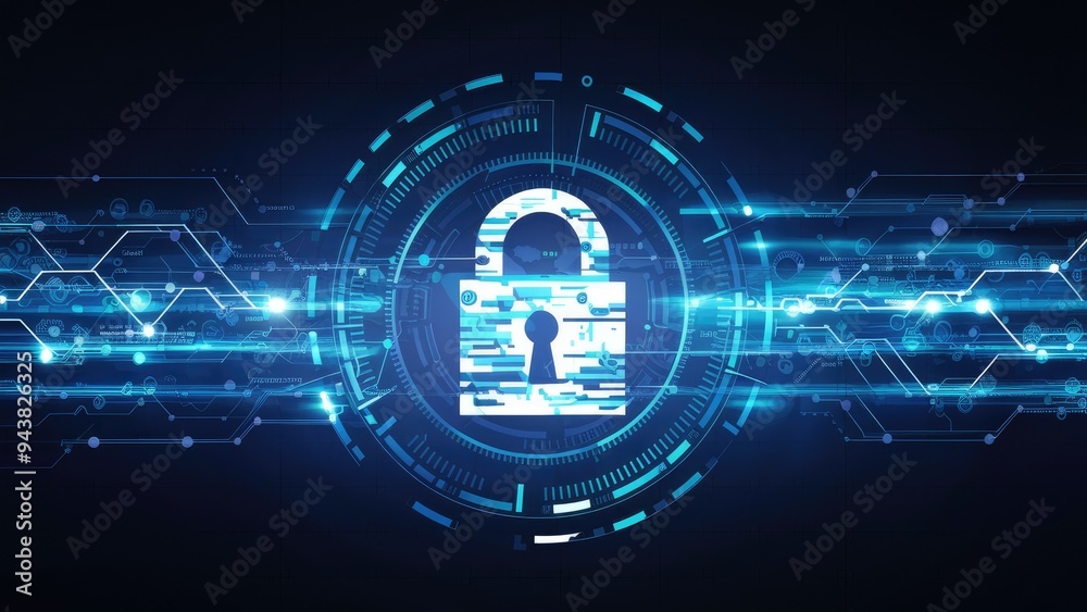 Poster digital interface concept featuring a padlock symbolizing data security against a dark background.