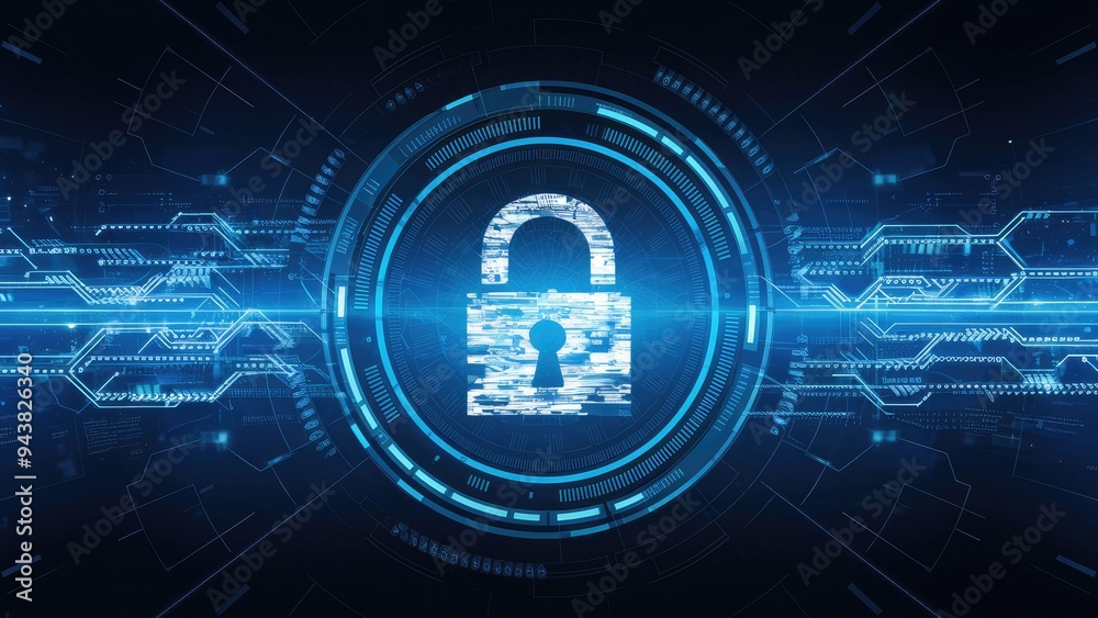 Poster digital interface concept featuring a padlock symbolizing data security against a dark background.