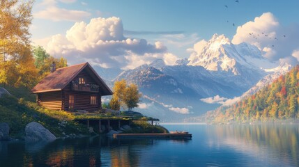 Fototapeta premium A cozy cabin perched on a hill, overlooking a serene lake and majestic mountains in the distance.